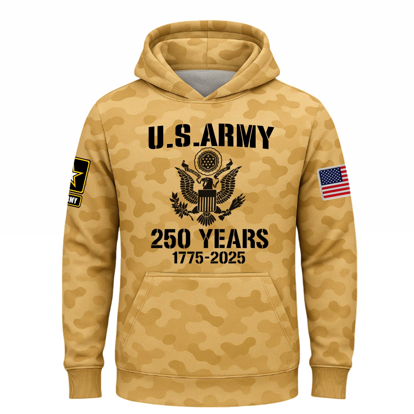 U.S. Army 2025 collection apparel with camo design and front eagle insignia for veterans and supporters