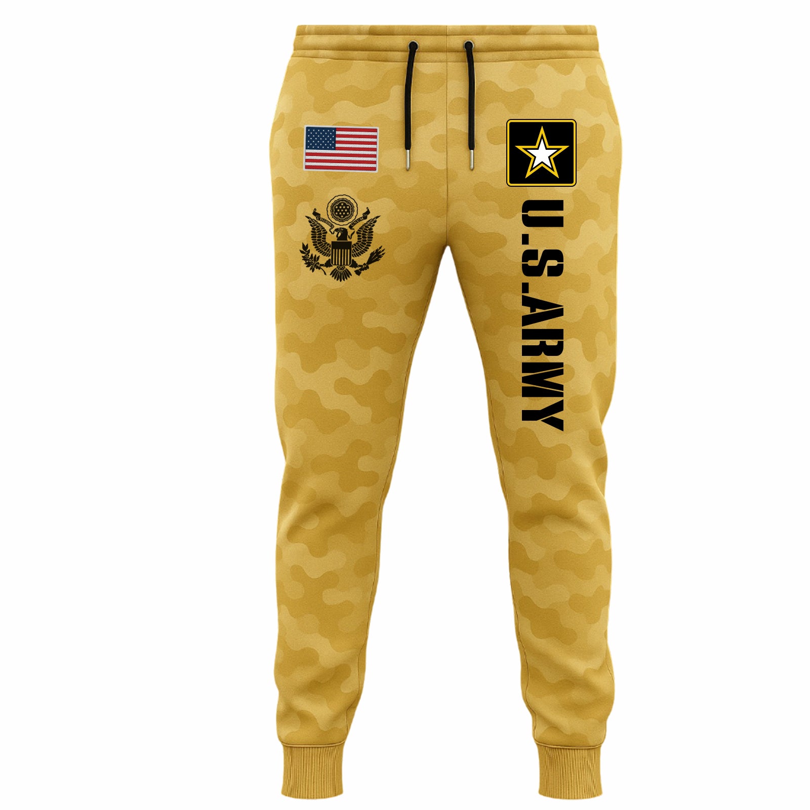 U.S. Army 2025 collection apparel featuring camouflage pants with American flag and insignia