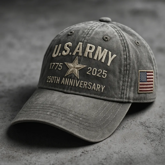 US Army 250th anniversary cap in gray with embroidered star and American flag patch