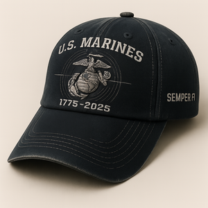 Black US Marines 250th anniversary cap with embroidered logo and Semper Fi on side