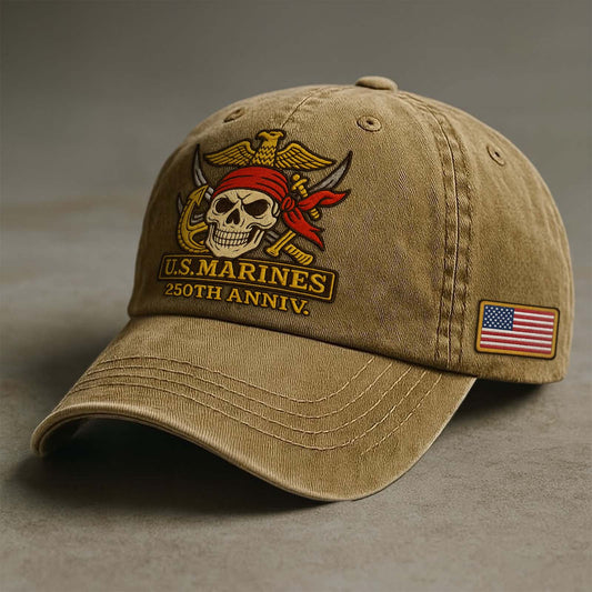 Brown US Marines 250th anniversary hat with skull emblem and American flag patch