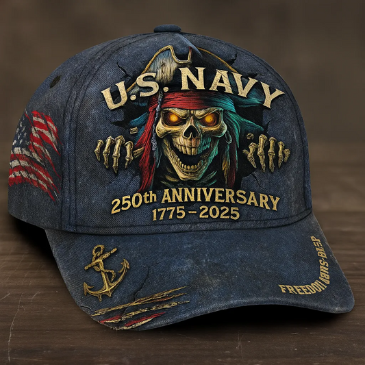 U.S. Navy 250th anniversary cap with skull pirate design and American flag detail by 365Gifty