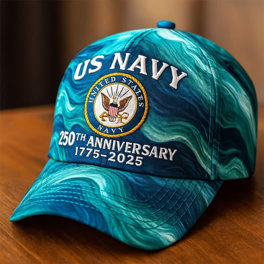 US Navy 250th Anniversary Hat with United States Navy emblem on blue green swirl pattern cap