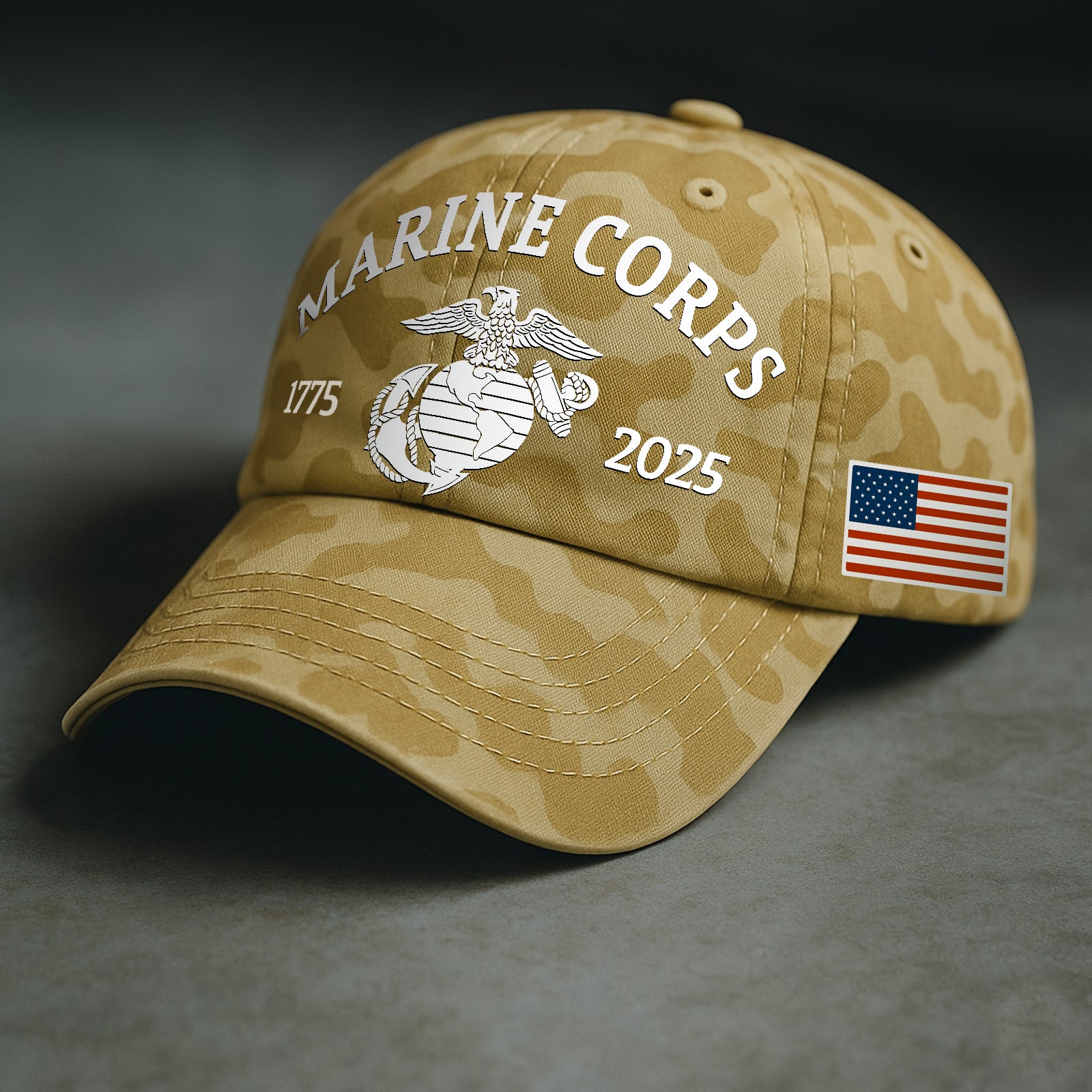 USMC 250th anniversary shirt featuring a camouflage design and Marine Corps logo