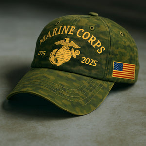USMC 250th anniversary shirt featuring a camouflage design with Marine Corps logo and American flag
