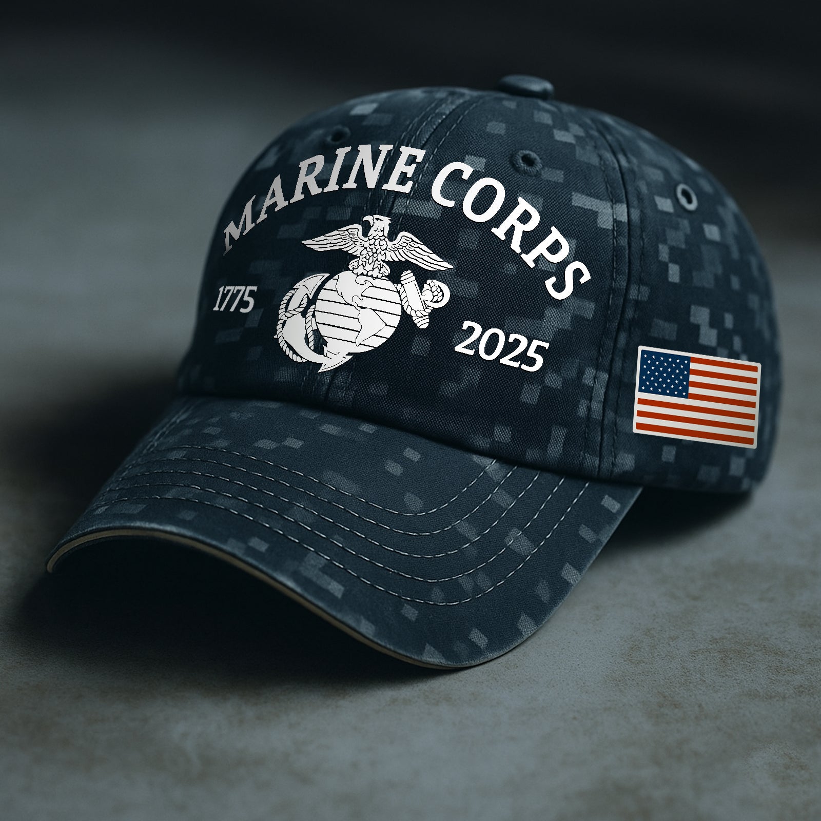 USMC 250th anniversary shirt featuring the Marine Corps emblem and American flag design.