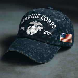 USMC 250th anniversary shirt featuring the Marine Corps emblem and American flag design.
