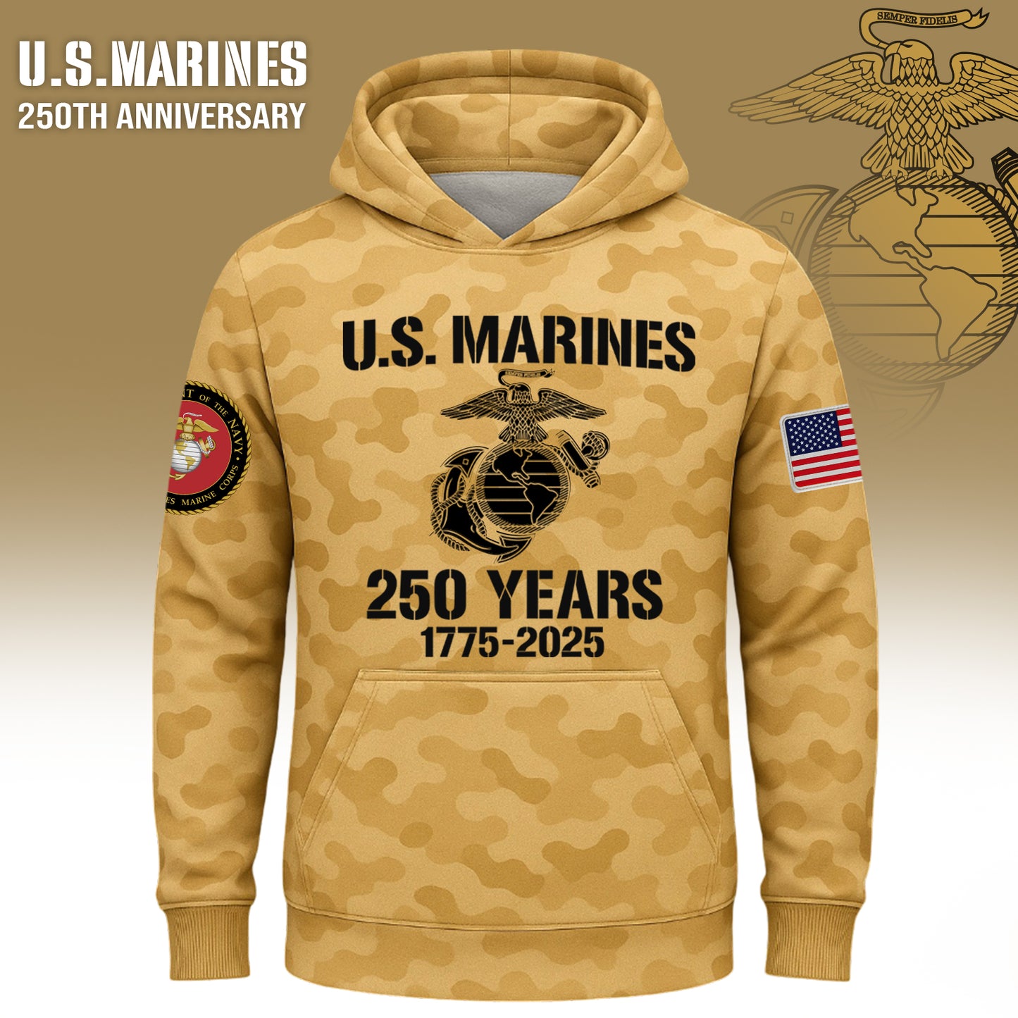 USMC 250th anniversary shirt in tan with military graphics and anniversary details