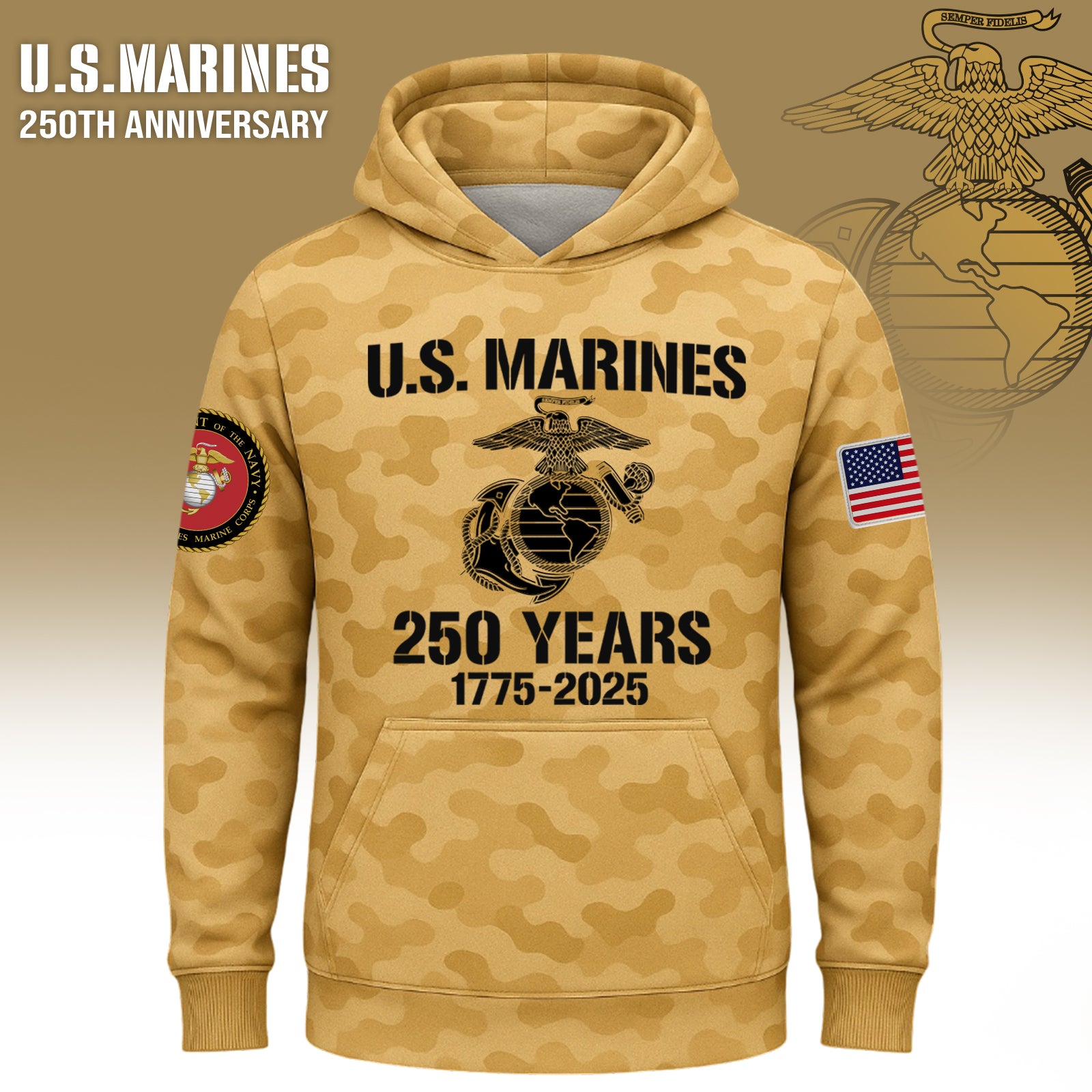 USMC 250th anniversary shirt in tan with military graphics and anniversary details