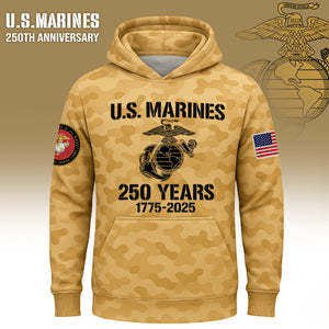 USMC 250th anniversary shirt in tan with military graphics and anniversary details