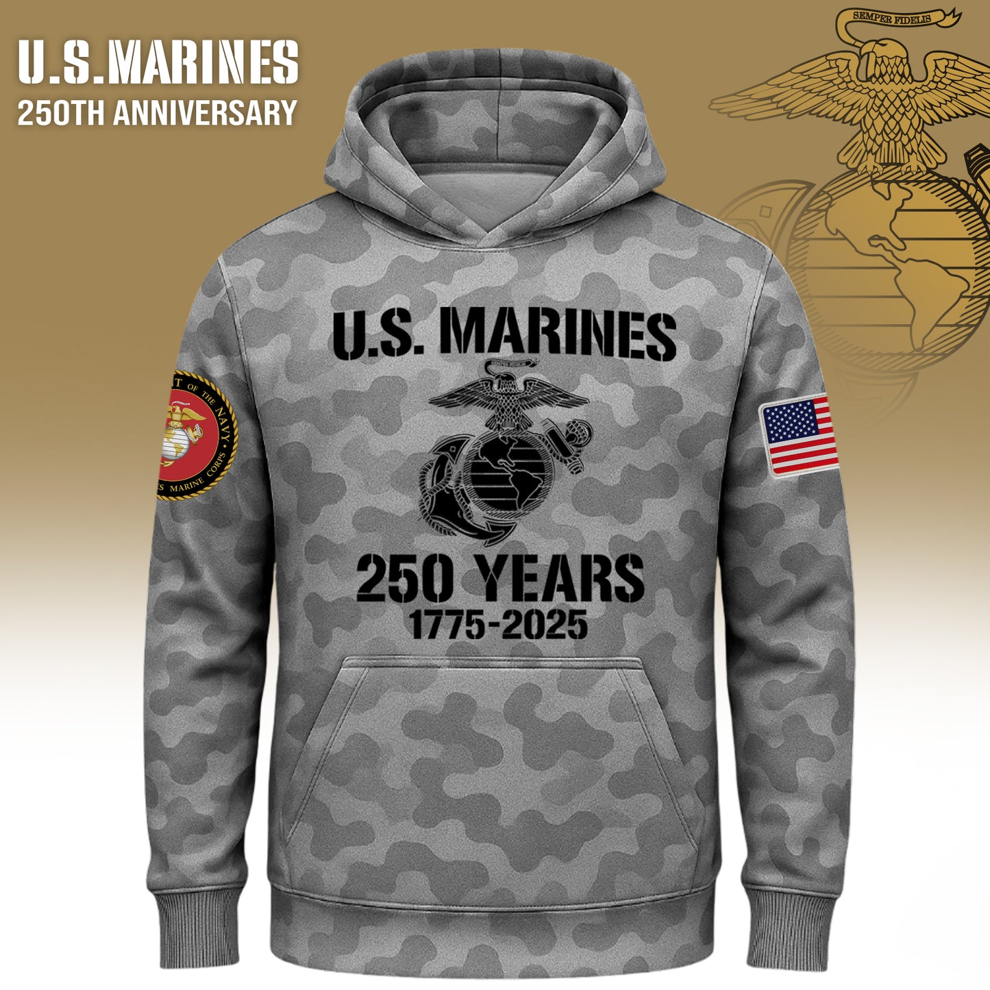 USMC 250th anniversary shirt in camouflage design celebrating 250 years of U.S. Marines