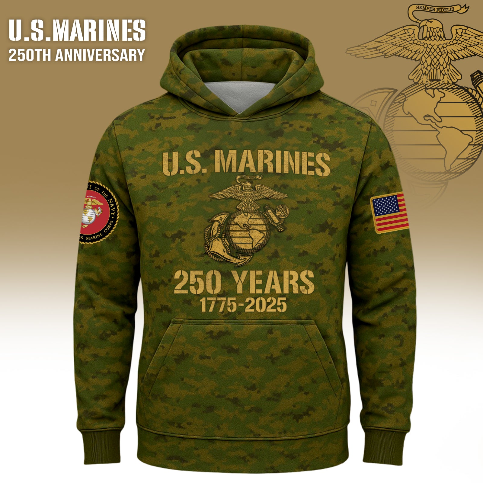 USMC 250th anniversary shirt featuring a military design with camo pattern and commemorative details