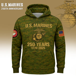 USMC 250th anniversary shirt featuring a military design with camo pattern and commemorative details