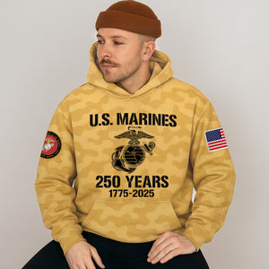 USMC 250th anniversary shirt featuring a camouflage design and Marine Corps logos