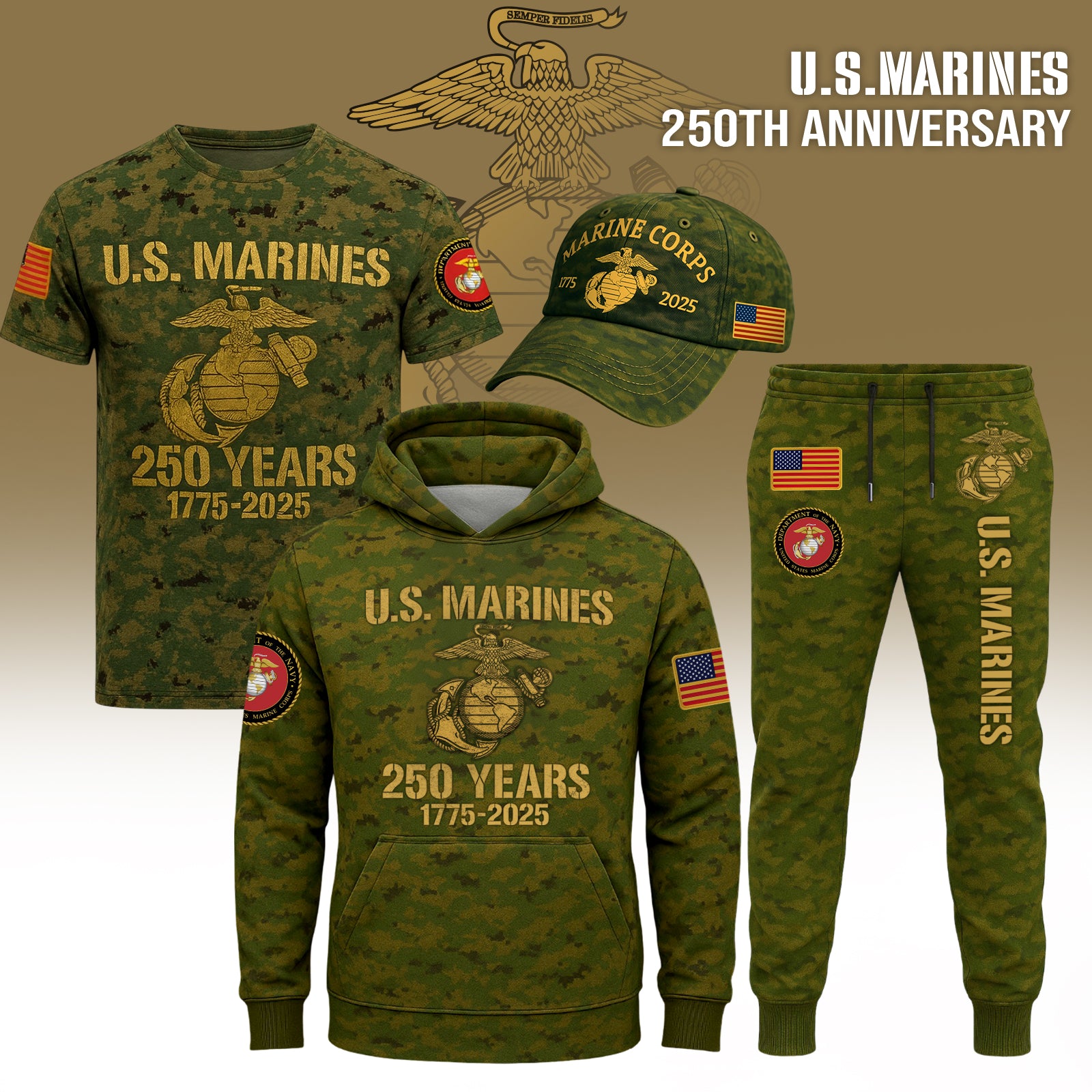 USMC 250th anniversary shirt featuring military camouflage and bold anniversary graphics