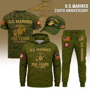USMC 250th anniversary shirt featuring military camouflage and bold anniversary graphics