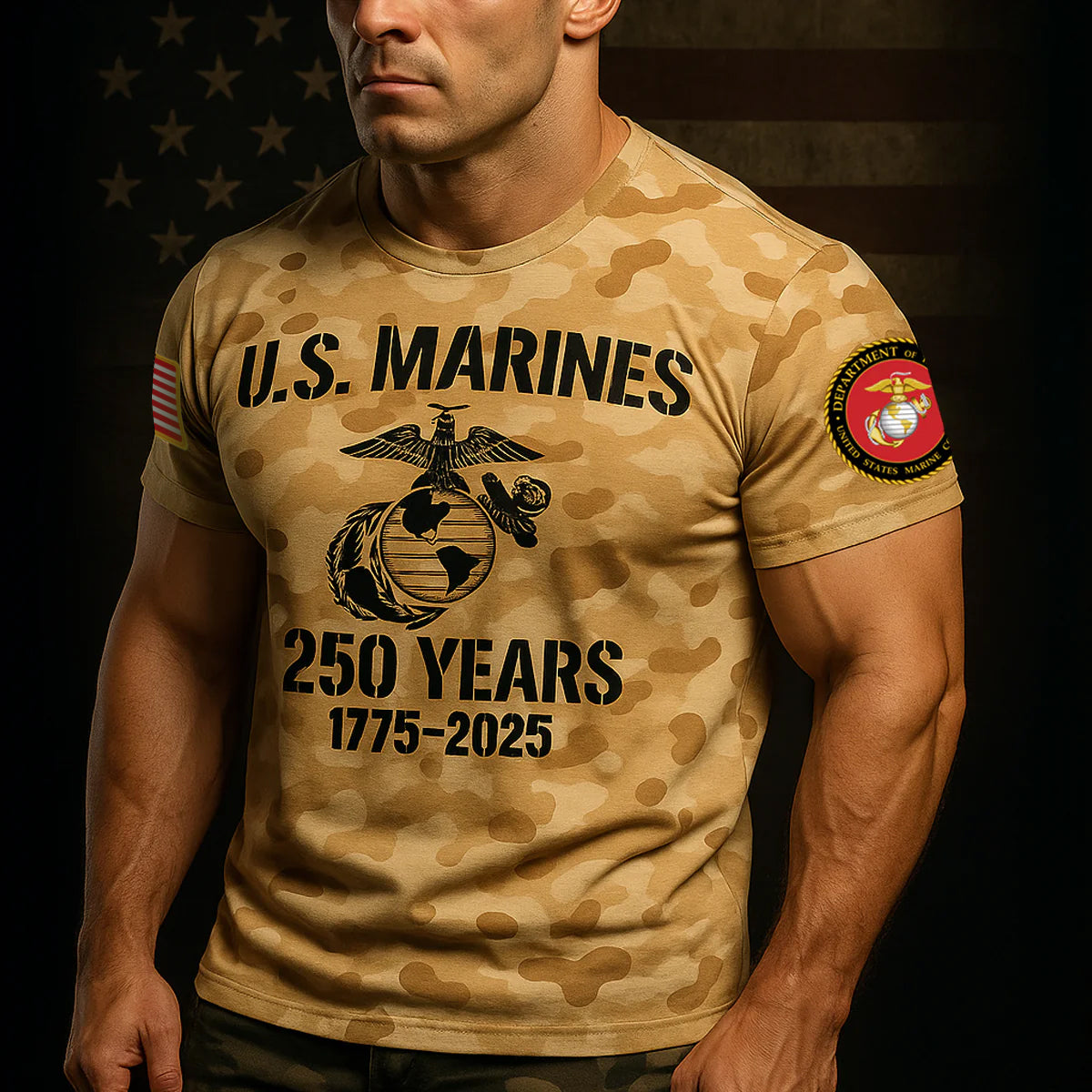 USMC 250th anniversary shirt for men featuring a military design and camo pattern