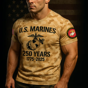 USMC 250th anniversary shirt for men featuring a military design and camo pattern