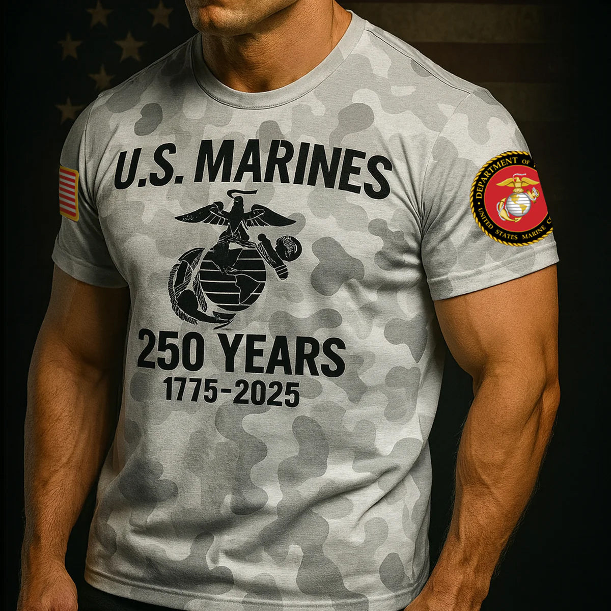 USMC 250th anniversary shirt featuring camo design and commemorative graphics
