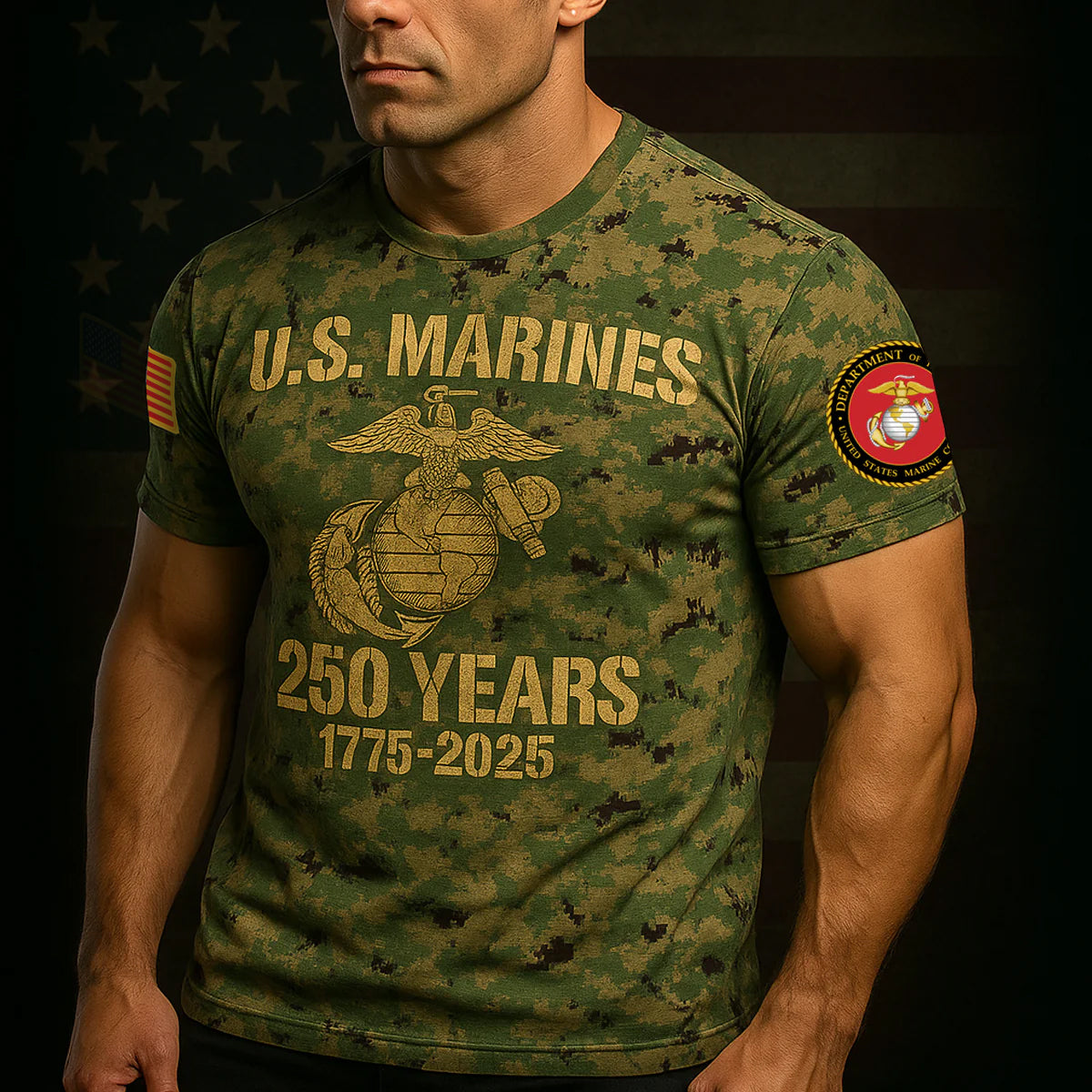 USMC 250th anniversary shirt in camouflage with bold lettering and emblem celebrating Marine Corps history