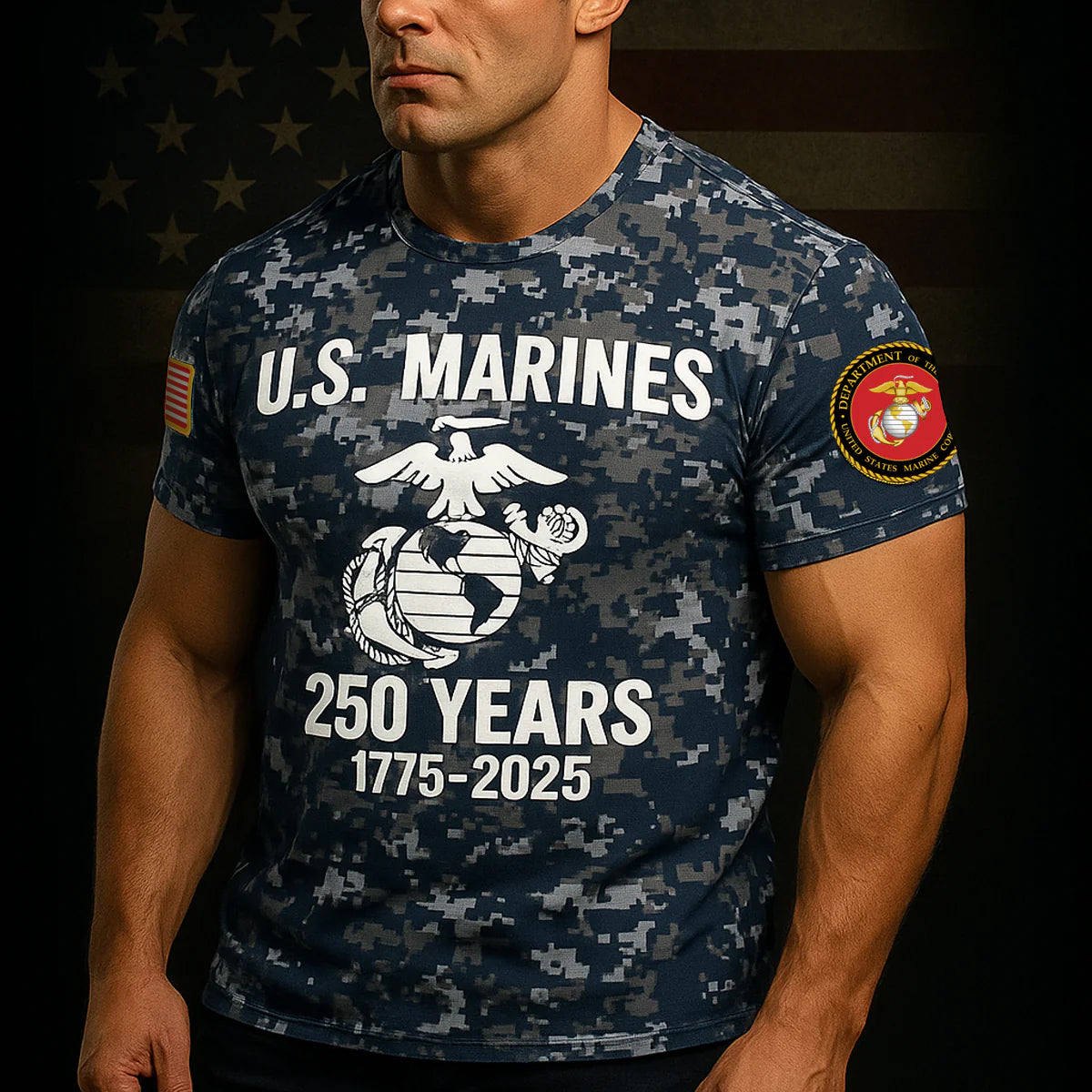 USMC 250th anniversary shirt featuring navy camouflage design and patriotic graphics