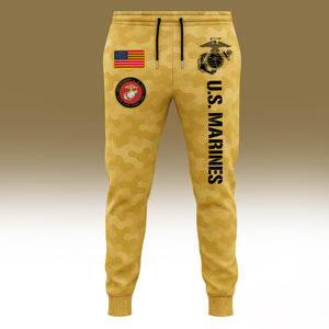 USMC 250th anniversary shirt featuring U.S. Marines logo and American flag design in a camouflage pattern