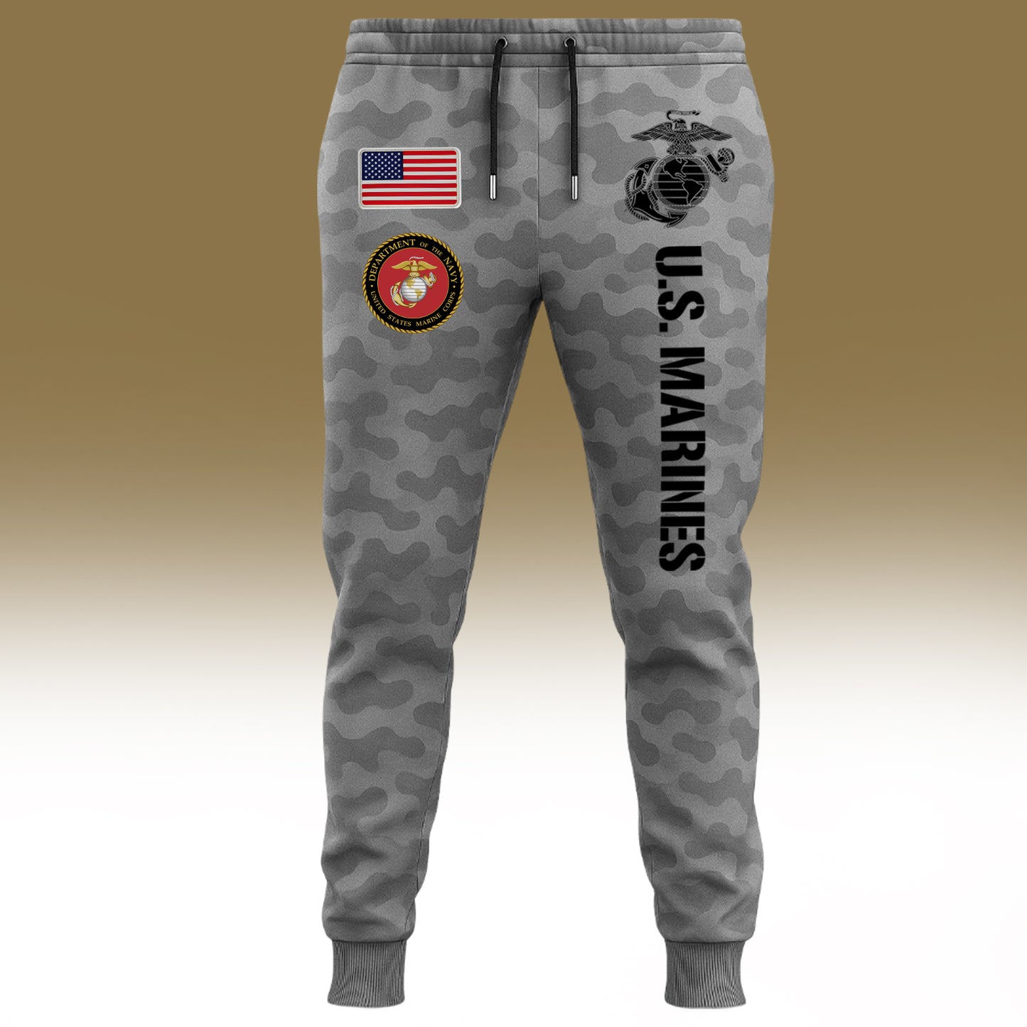 USMC 250th anniversary shirt featuring U.S. Marines logo and patches on a camouflage design