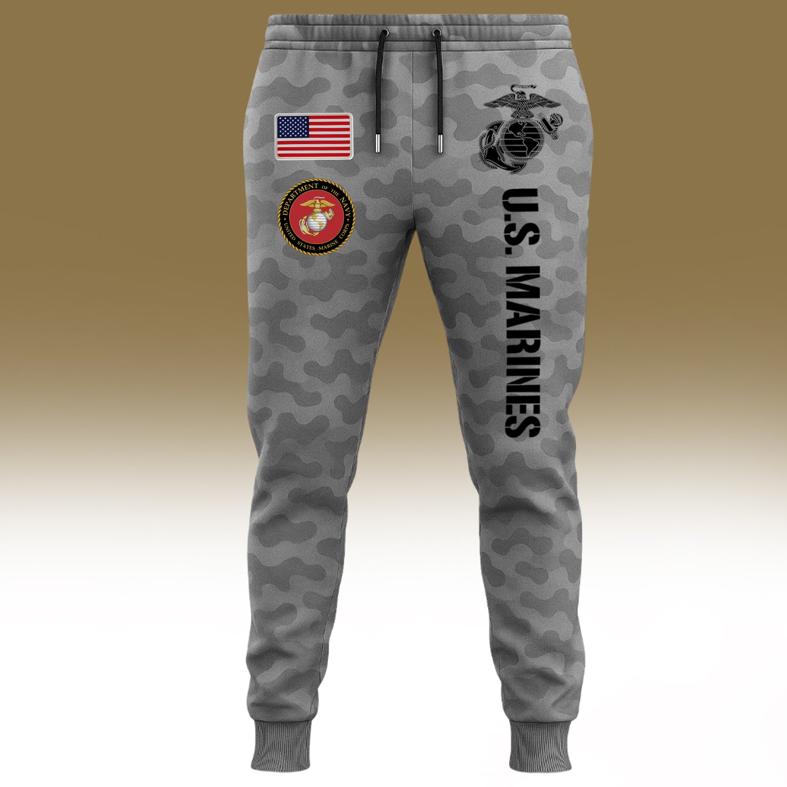 USMC 250th anniversary shirt featuring U.S. Marines logo and patches on a camouflage design