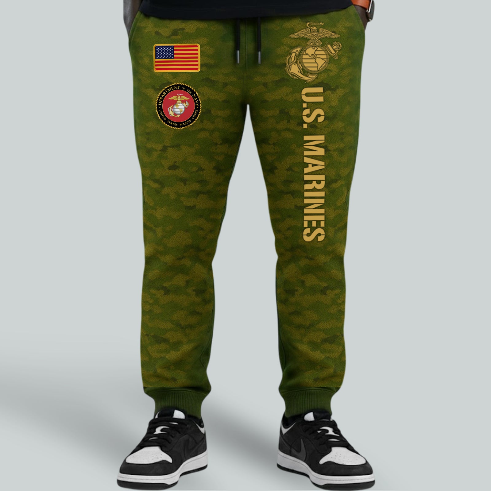 USMC 250th anniversary shirt featuring U.S. Marines logo and American flag on green camo background