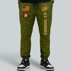 USMC 250th anniversary shirt featuring U.S. Marines logo and American flag on green camo background