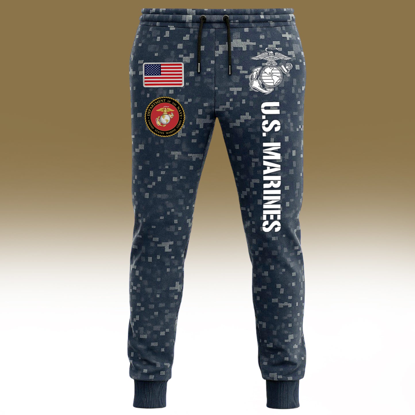 USMC 250th anniversary shirt featuring a digital camo design with US flag and Marine Corps logos