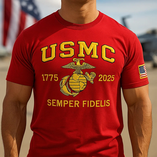 Red USMC 250th anniversary t-shirt with gold emblem and Semper Fidelis text on chest