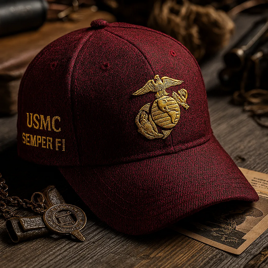 Maroon USMC Semper Fi hat with gold embroidered Marine Corps emblem and text on side