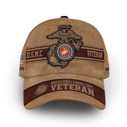 365Gifty USMC Veteran Hat with printed Marine Corps emblem and flags on brown fabric