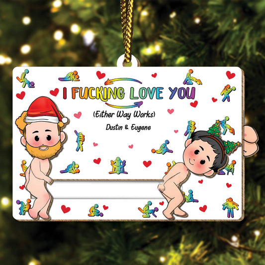 365Gifty personalized couple wooden ornament with cartoon couple and colorful love text hanging on Christmas tree
