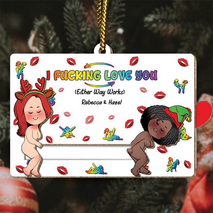Personalized couple wooden ornament with colorful love message and cartoon characters Rebecca and Hazel