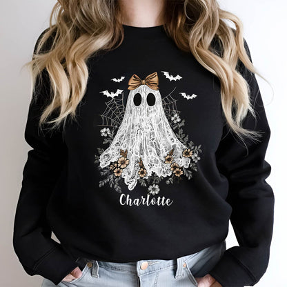 Black personalized Halloween ghost shirt with lace ghost design, bats, flowers, and the name Charlotte