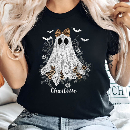 Black personalized Halloween ghost shirt with lace design, bow, bats, flowers, and custom name Charlotte