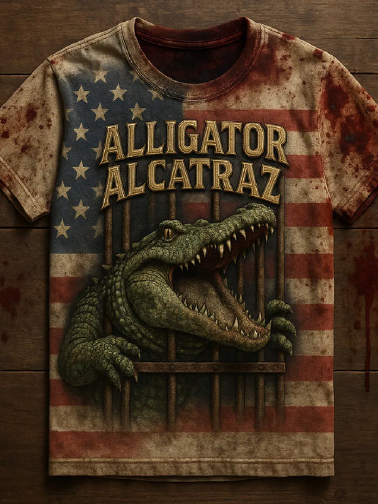 Vintage alligator t-shirt with American flag background and graphic of alligator behind bars