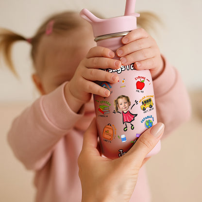Pink water bottle for kids with colorful cartoon stickers held by child and adult hands