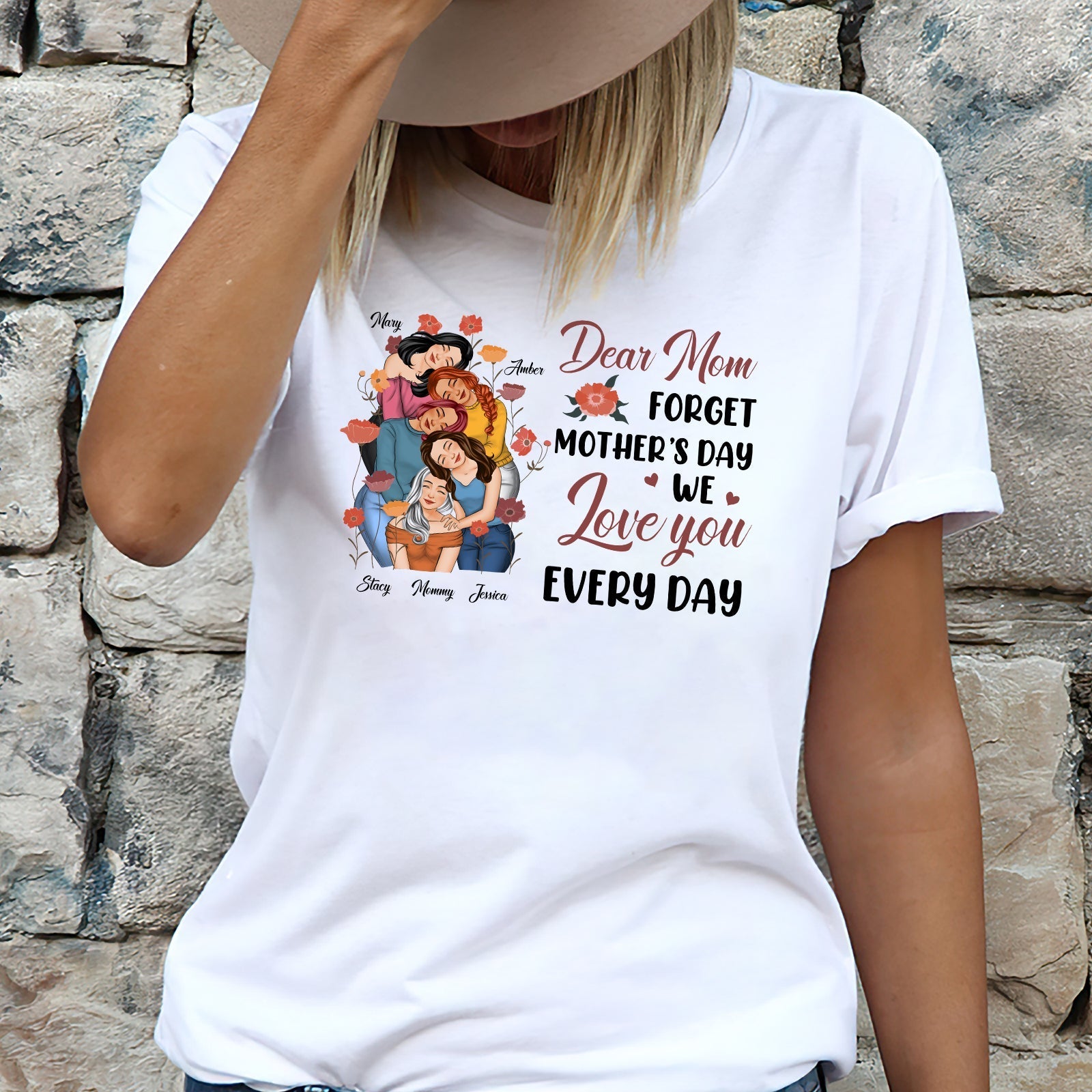 White we love you every day mom tee with colorful mother and daughters illustration and heartfelt message