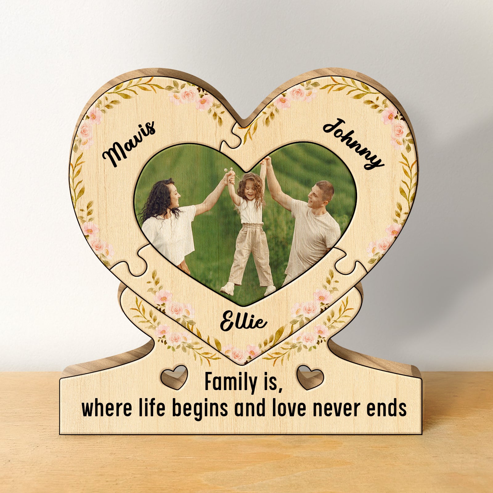 Heart-shaped wooden puzzle for family with custom photo and names Mavis Johnny Ellie, floral design