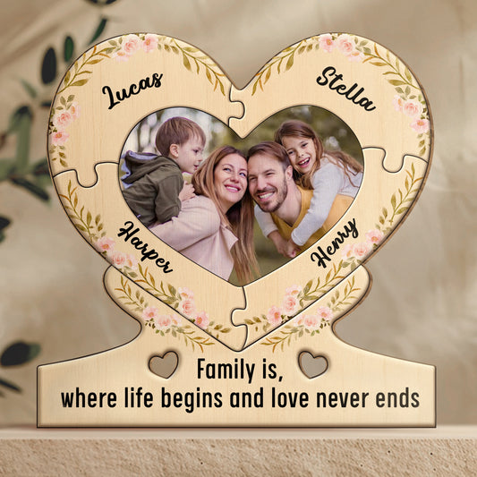Personalized wooden puzzle for family with heart shape photo and names Lucas Stella Harper Henry
