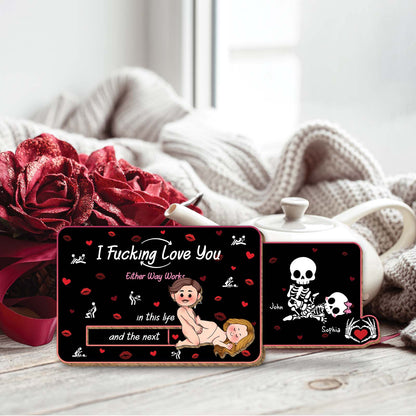 365Gifty Wooden Slider Card for Couple with romantic and playful design featuring love messages and skeleton illustration