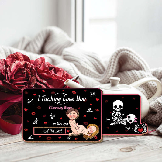 365Gifty Wooden Slider Card for Couple with romantic and playful design featuring love messages and skeleton illustration