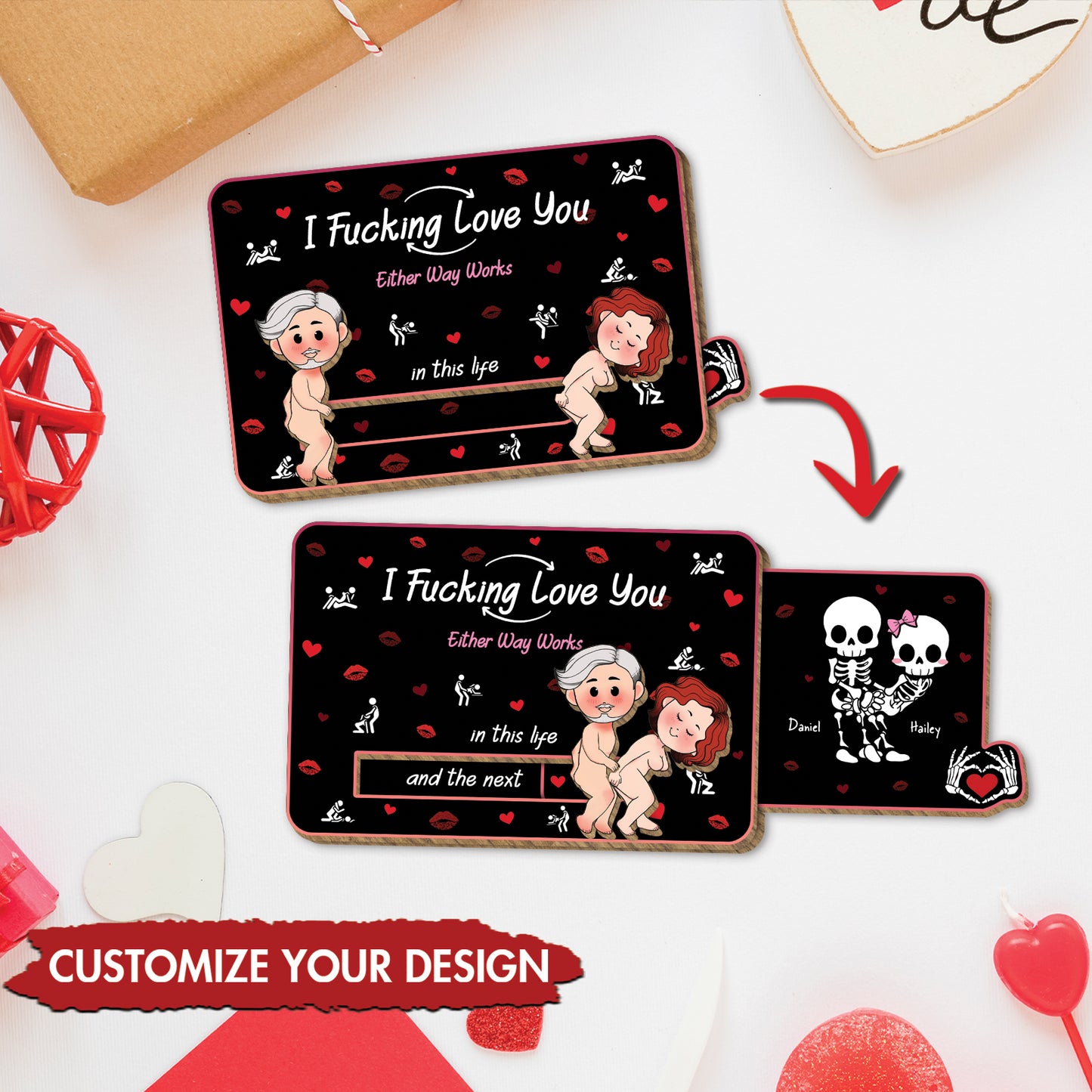 Customizable Wooden Slider Card for Couple with playful cartoon design and love message