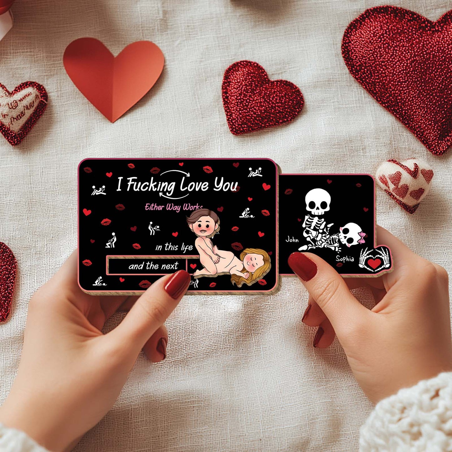 Wooden Slider Card for Couple featuring romantic skeleton design and cute love message