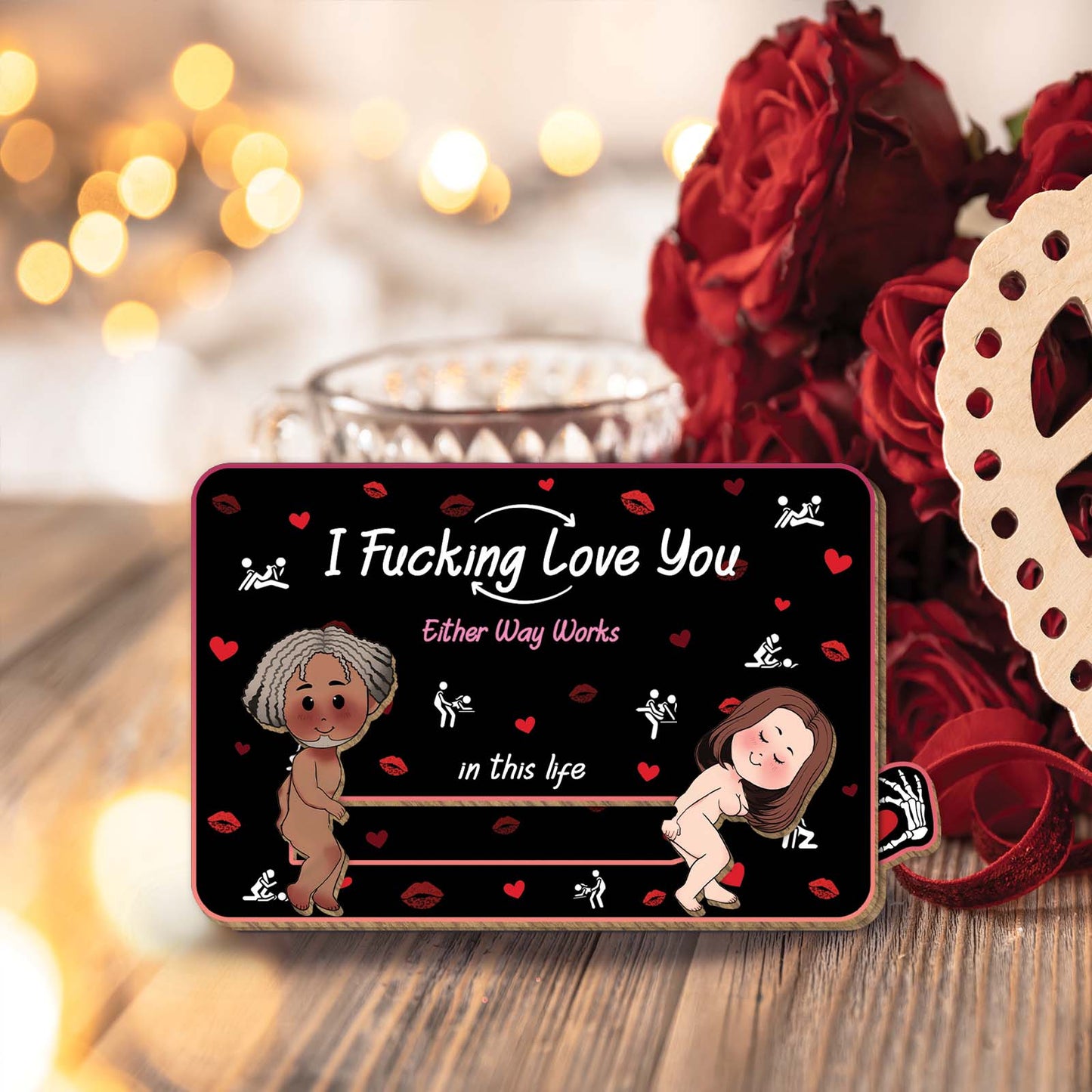 Wooden Slider Card for Couple with playful love message and cartoon characters on a romantic background
