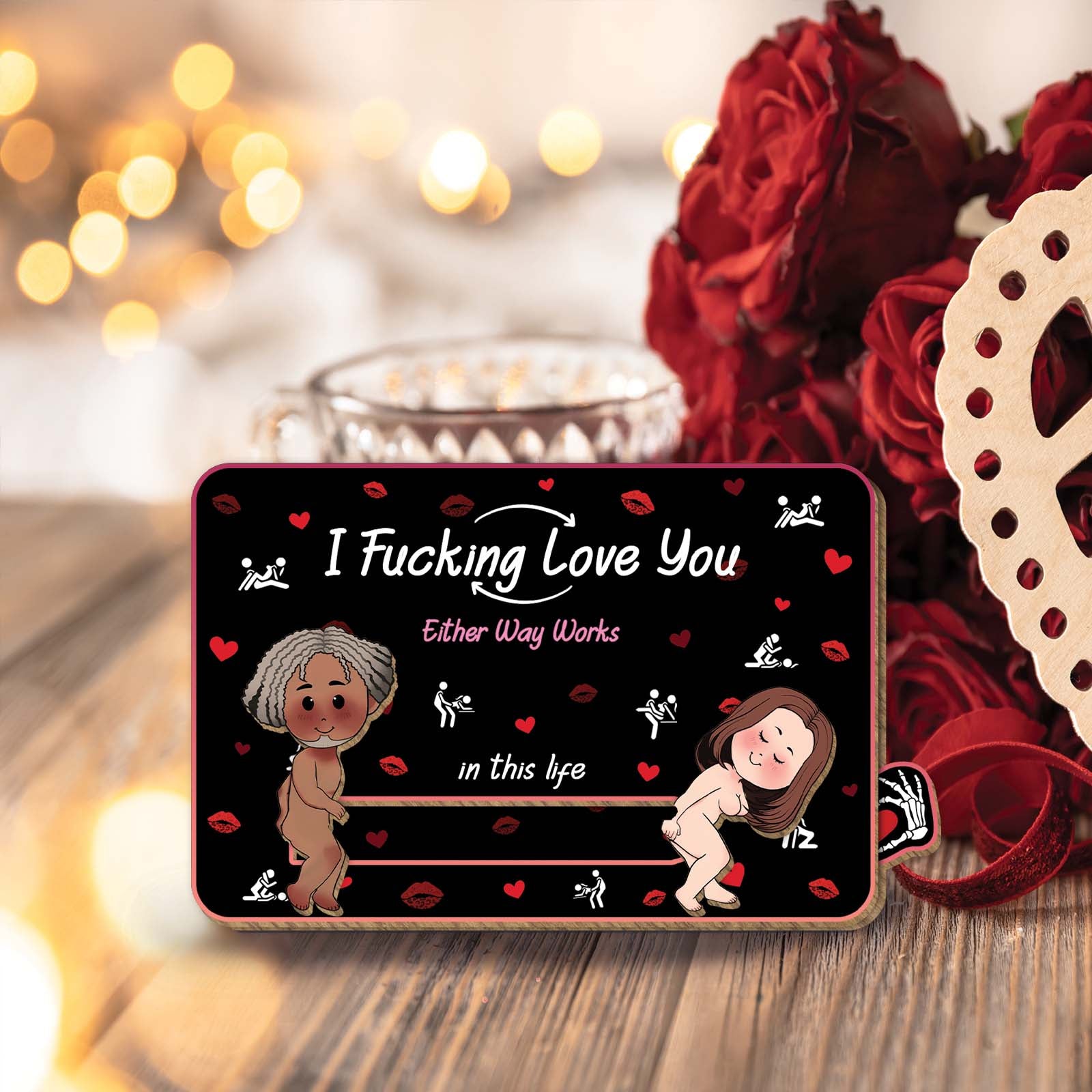 Wooden Slider Card for Couple with playful love message and cartoon characters on a romantic background