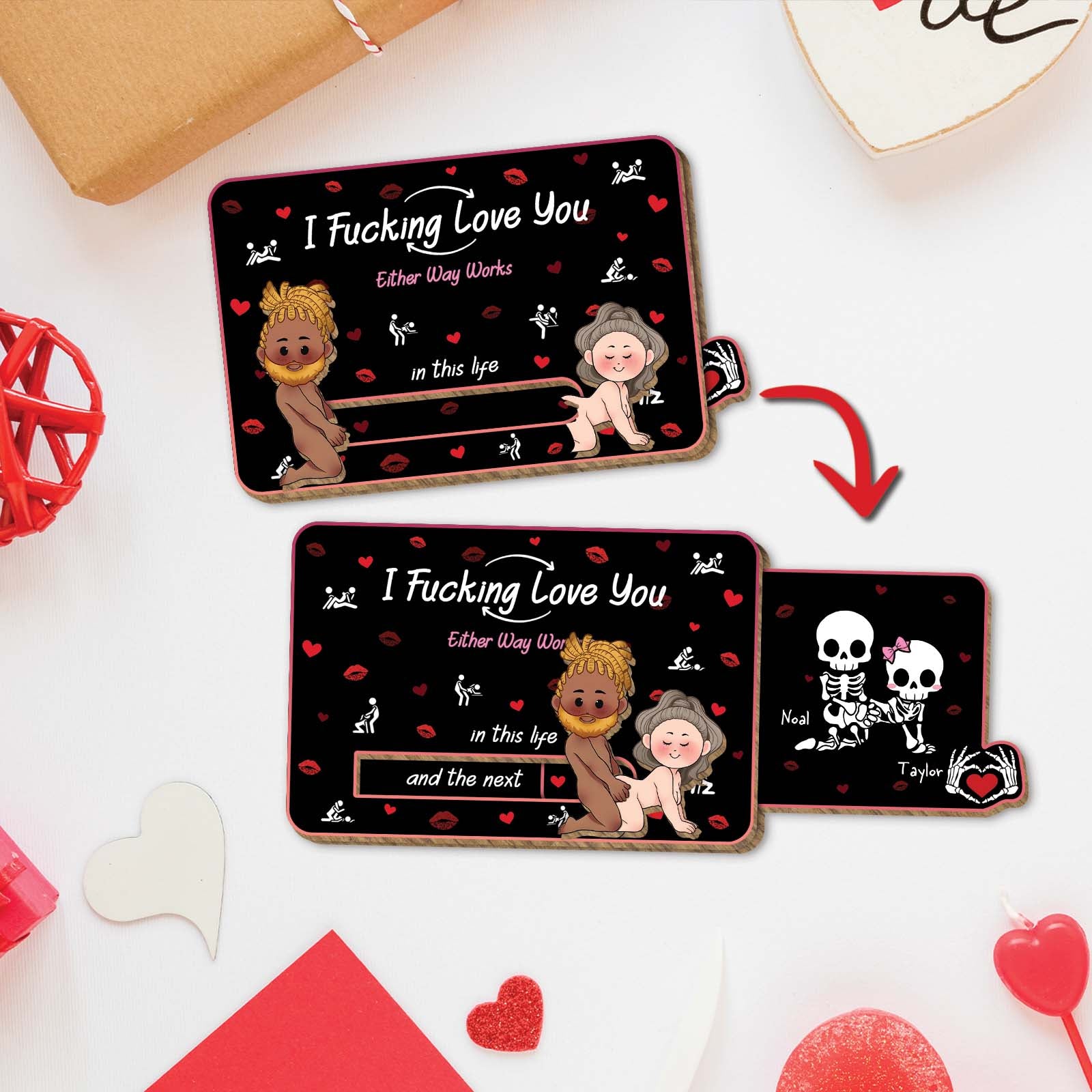 Wooden Slider Card for Couple with romantic cartoon characters and love message by 365Gifty